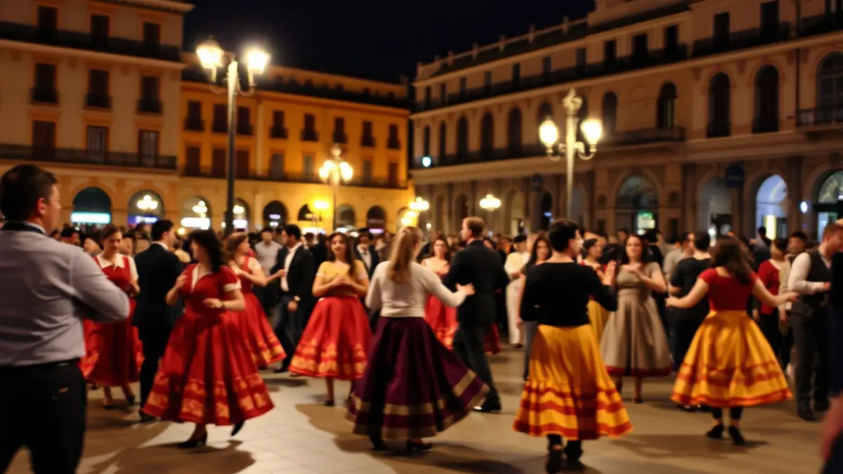 Imagen de una dansà valenciana en una plaza concurrida, con bailarines vestidos con indumentaria tradicional y luces cálidas.