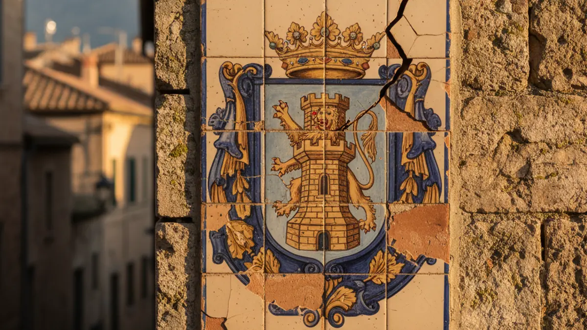 Imatge d'una placa de ceràmica antiga amb un escut, parcialment trencada, en una paret de pedra.