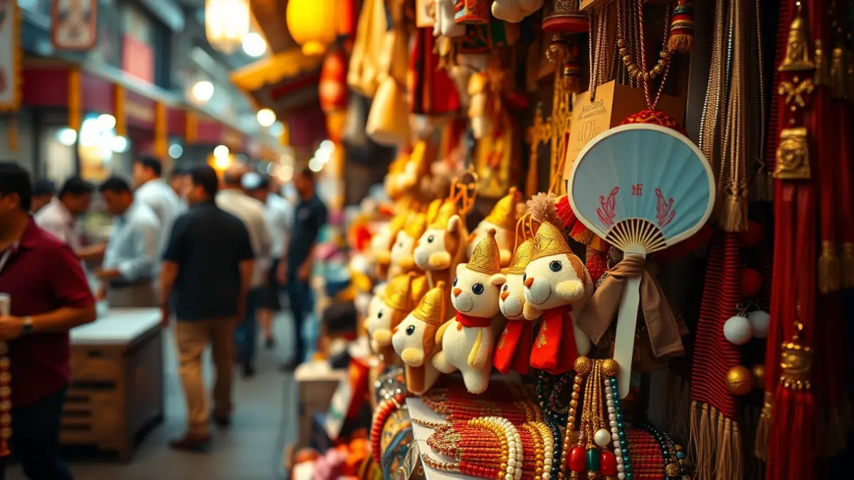 Imagen de merchandising religioso inspirado en la Virgen de los Desamparados, incluyendo peluches, abanicos y pulseras.