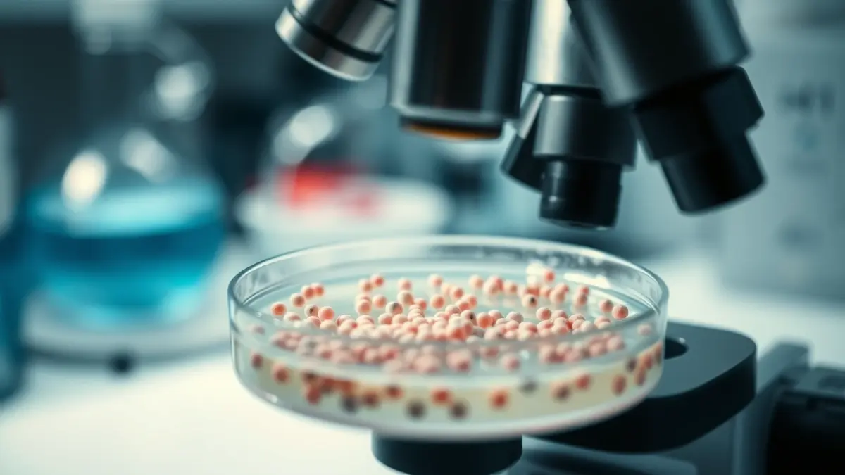 Generic image of a petri dish with bacterial cultures under a microscope in a laboratory.