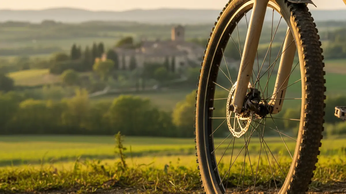 Imatge genèrica d'una roda de bicicleta de muntanya en un camí de terra, amb un paisatge verd difuminat al fons, representant el cicloturisme sostenible.