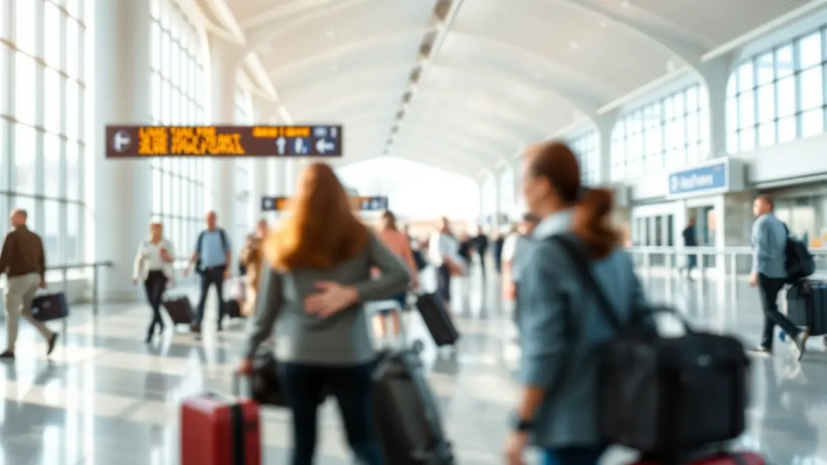 Imagen genérica del interior de una terminal de aeropuerto moderna con pasajeros borrosos.