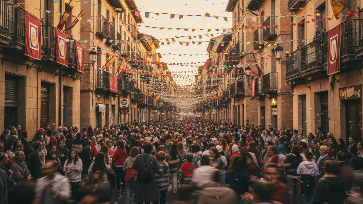 Imagen genérica de una fiesta de Moros y Cristianos, con gente y banderas de colores en una calle.