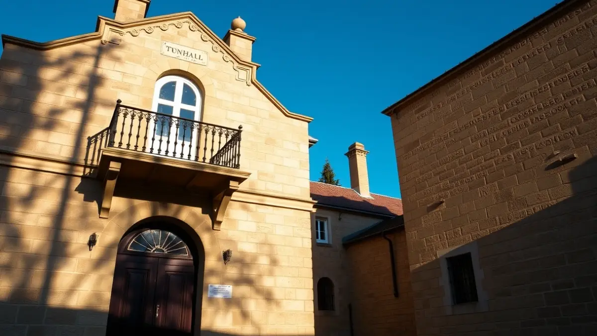 Facade of a provincial palace with balconies and iron railings, bathed in the afternoon sunlight.