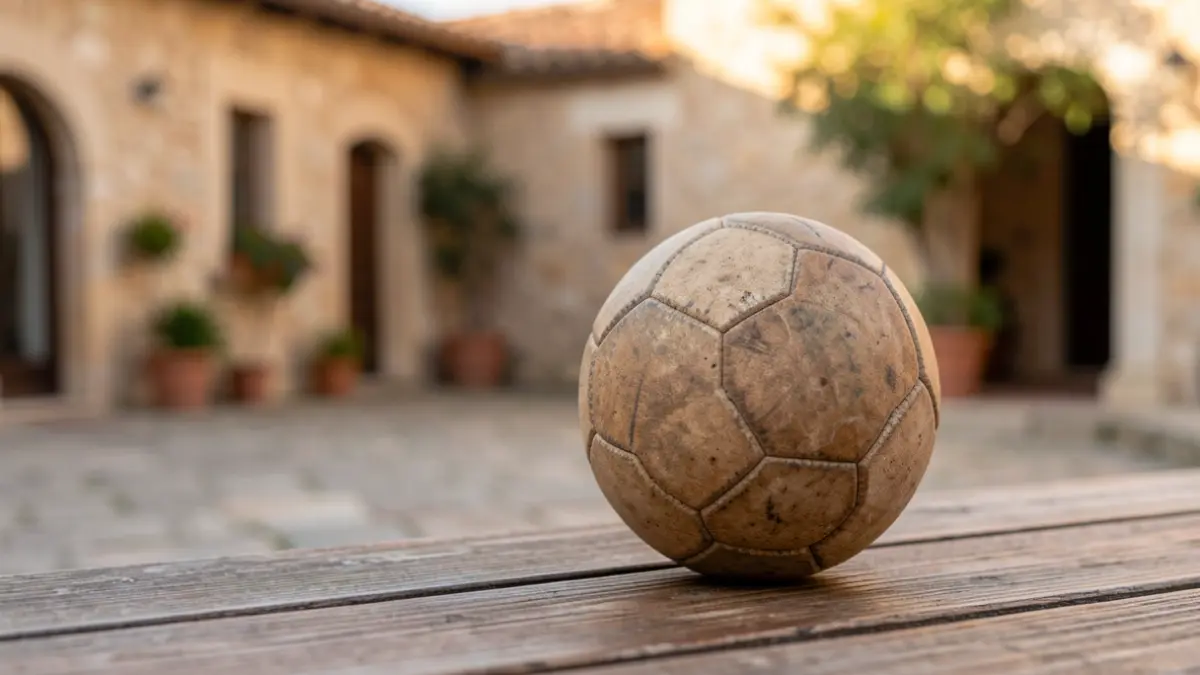 Pelota de pilota valenciana sobre madera con fondo arquitectónico.