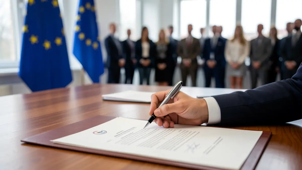 Imatge d'un document oficial sent signat en un despatx institucional.