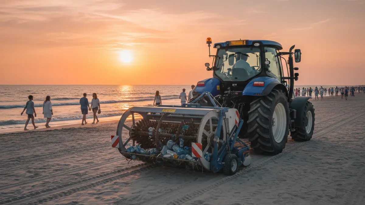 Imatge genèrica d'un tractor de neteja de platges en la sorra al capvespre.