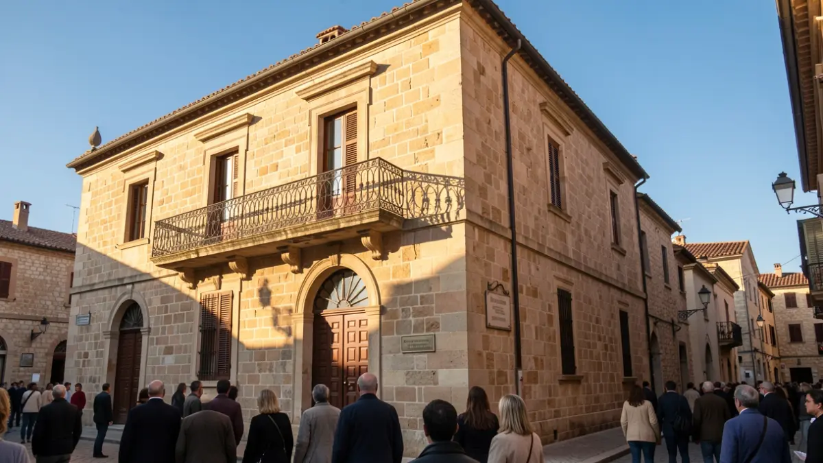 Facade of a local town hall with an iron balcony and afternoon light.