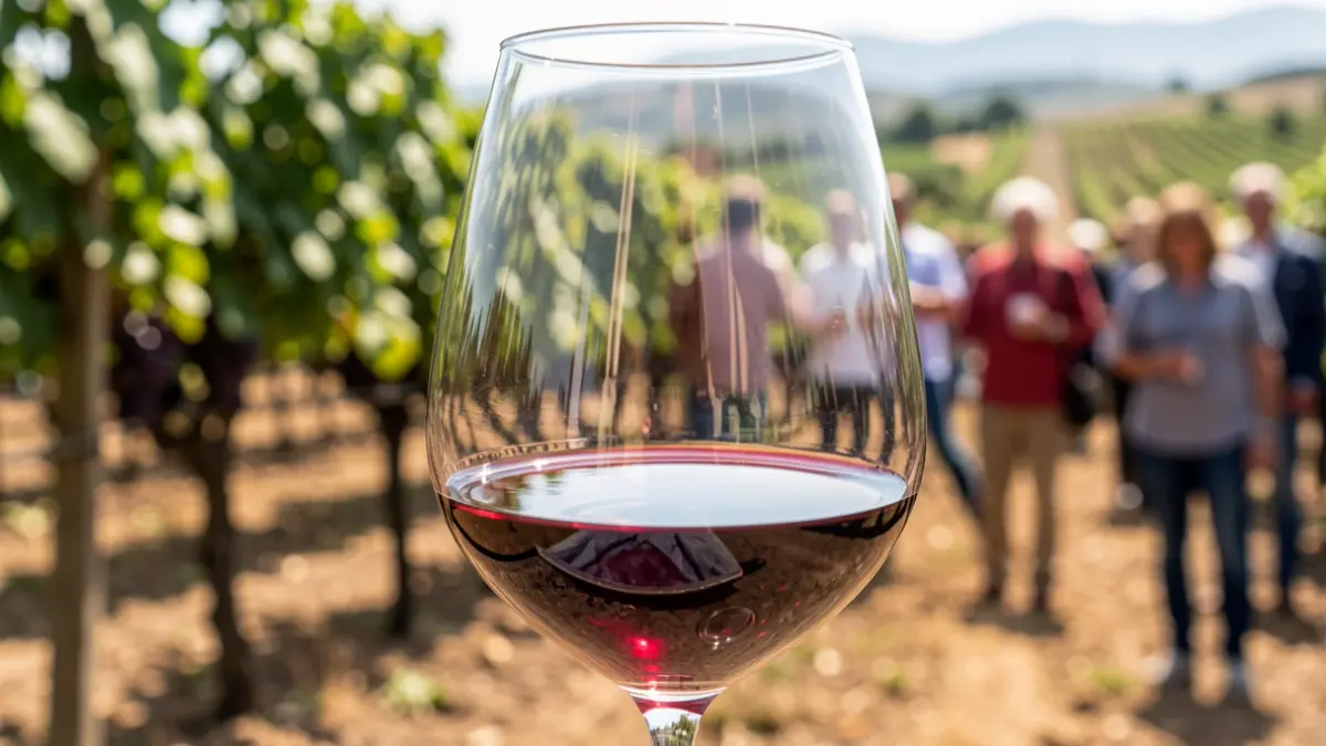 Generic image of a glass of Monastrell red wine with vineyards in the background.