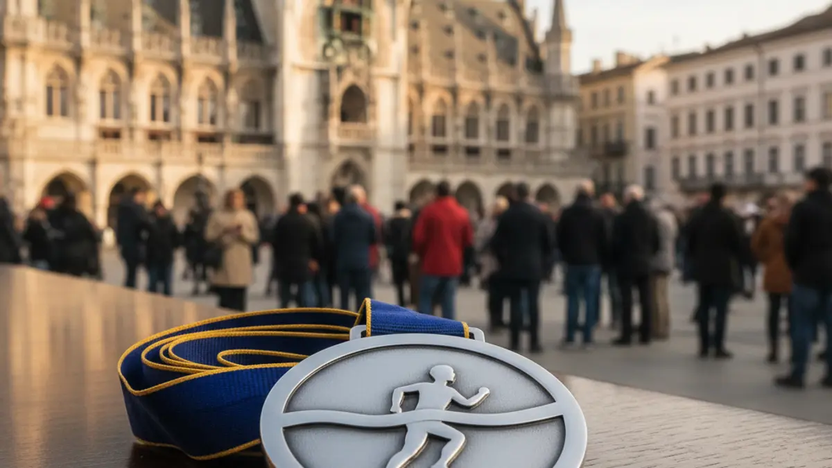 Medalla de 'finisher' de la Elche Night Race con la imagen de la Plaza de Baix y el Ayuntamiento de Elche.