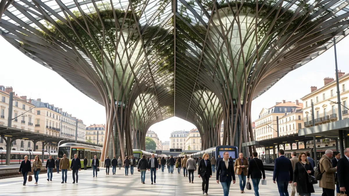 Imagen genérica de una marquesina de estación de tren con luz natural.