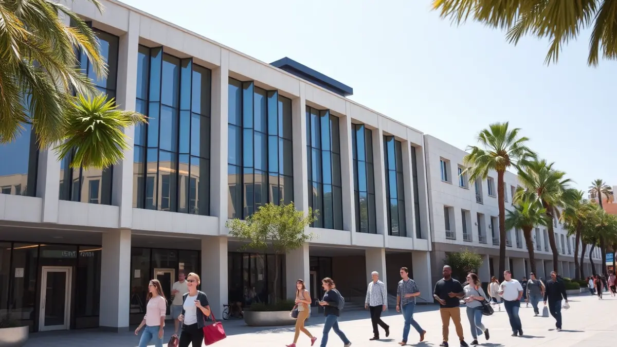 Imagen genérica de una fachada de edificio universitario moderno con estudiantes caminando.