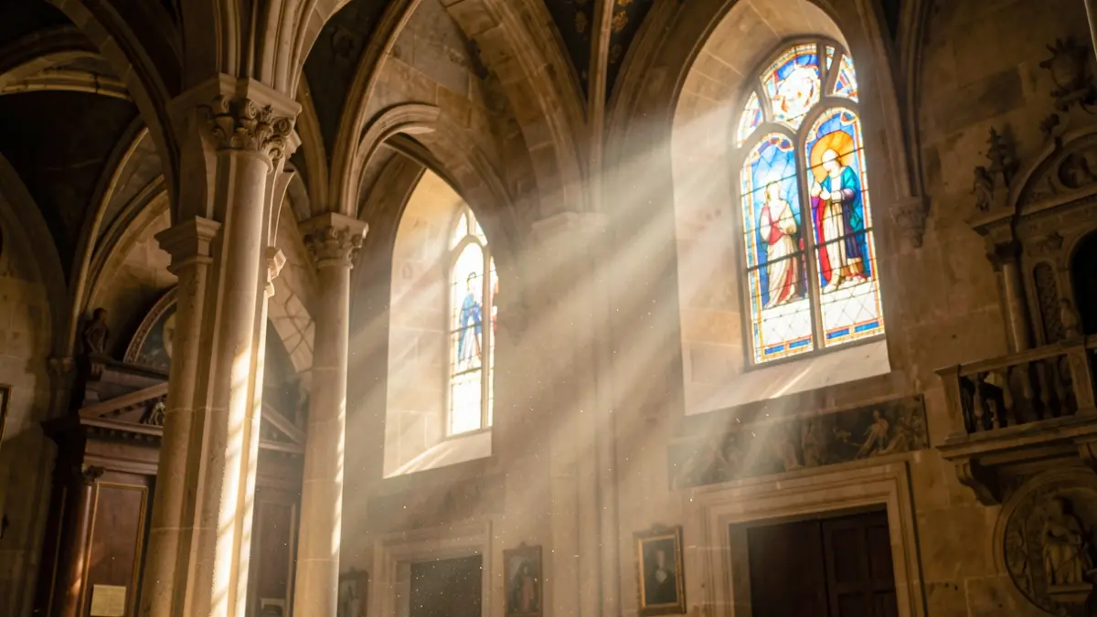Imagen genérica de una iglesia valenciana con rayos de sol a través de vidrieras.
