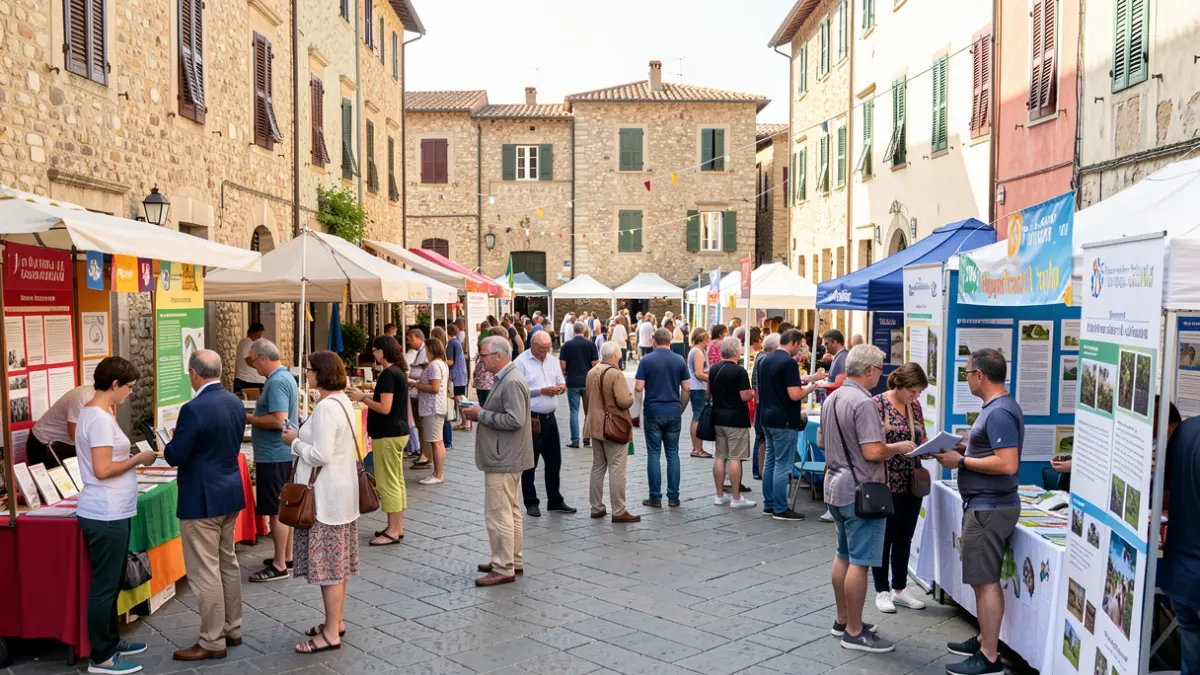 Generic image of a community festival with informational booths and participatory activities in a Mediterranean setting.