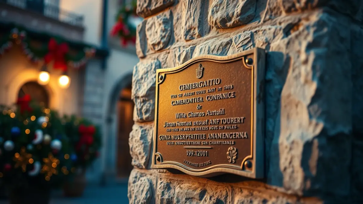 Imatge d'una placa commemorativa en una paret de pedra, amb decoració festiva borrosa al fons, en un ambient mediterrani.