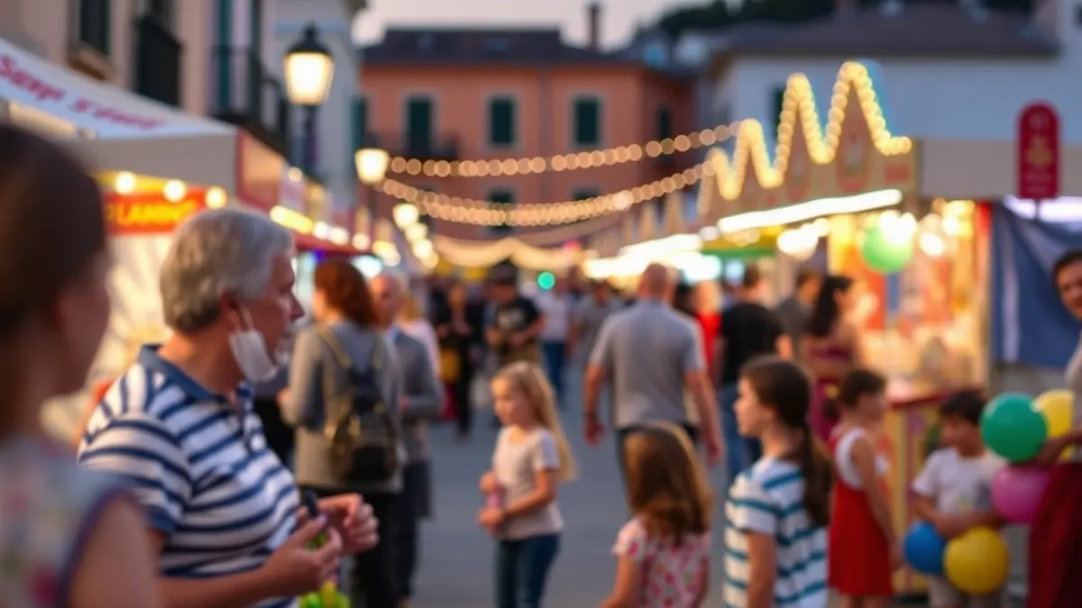 Imagen de una feria con actividades infantiles, globoflexia y pintacaras, en un ambiente festivo y familiar.