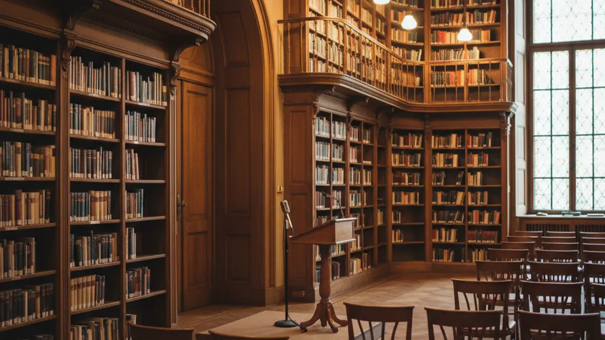 Generic image of a book presentation room with bookshelves and a podium.