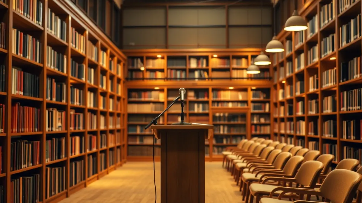 Generic image of a library with wooden bookshelves and a podium, with a warm reading atmosphere.