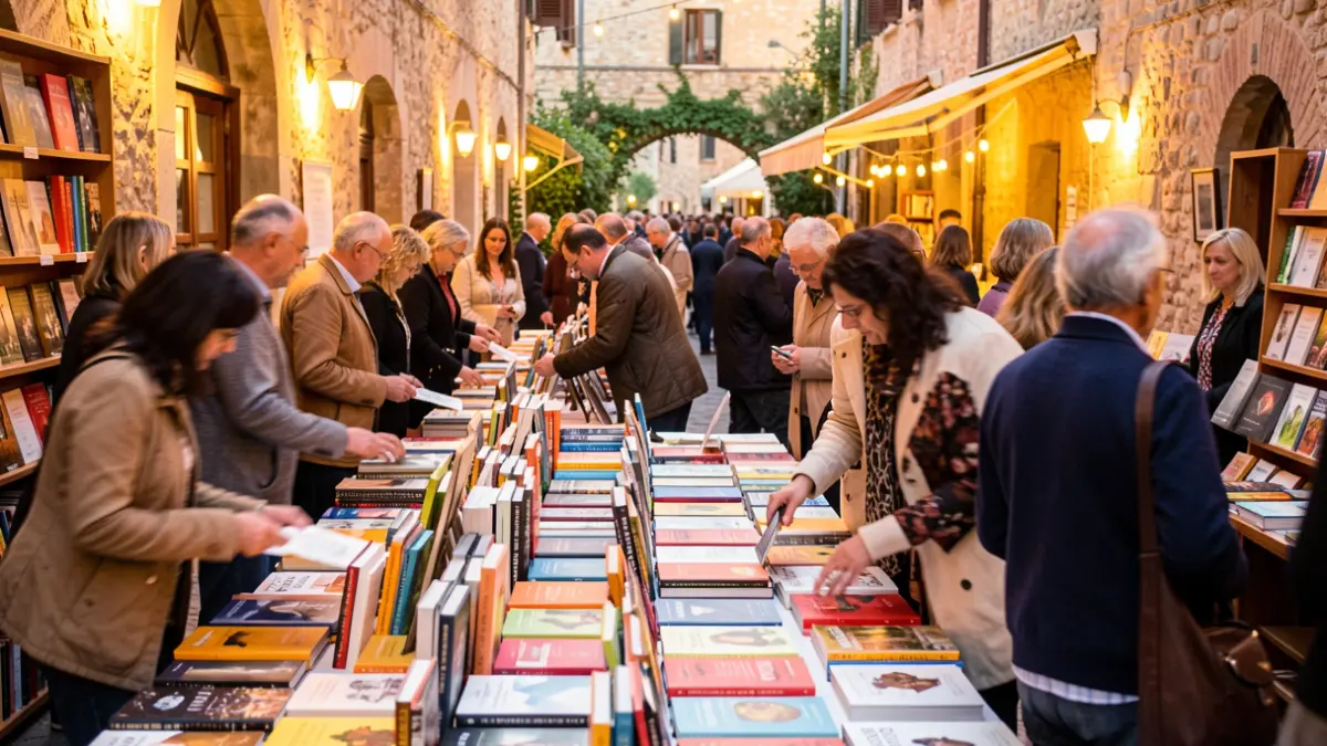 Generic image of a book fair with attendees and stalls.