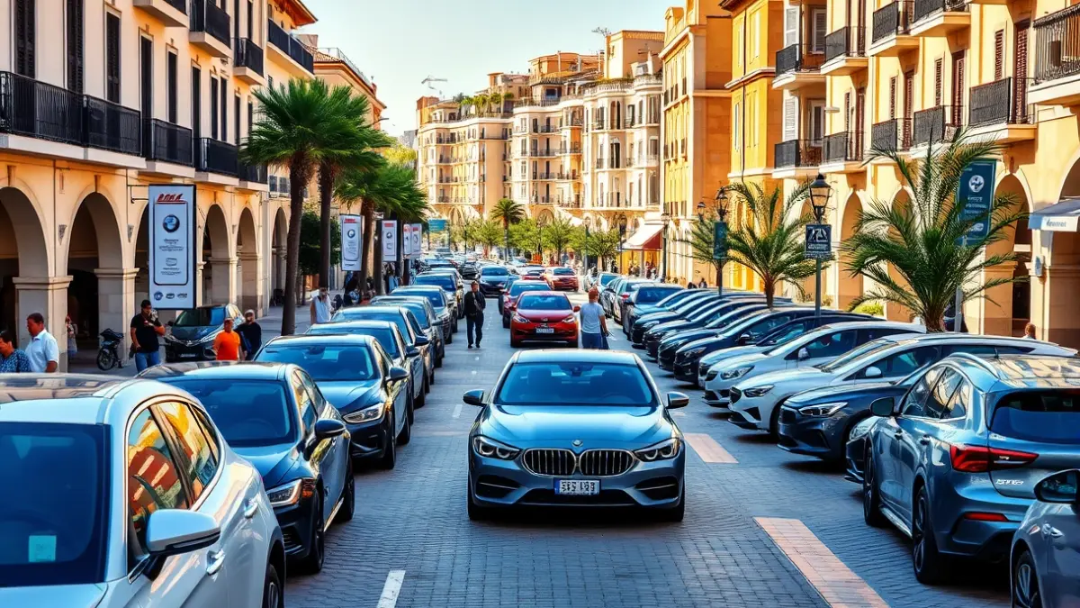 Image of a motor fair on a city street, with cars on display and people walking around, in a Mediterranean setting.