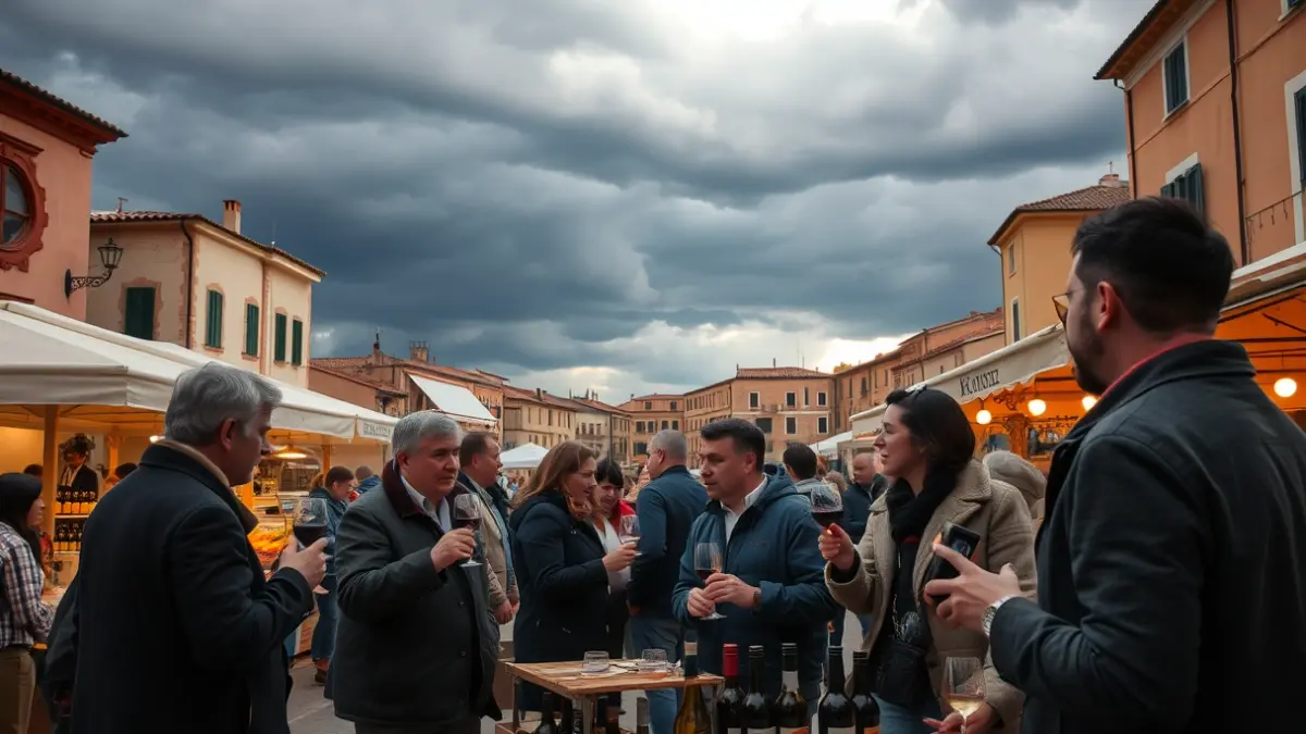 Imagen de una feria de vino natural en una plaza, con gente degustando vino y puestos de comida, bajo un cielo nublado.