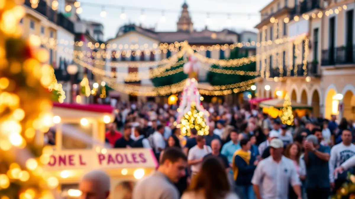 Imagen genérica de una plaza de pueblo valenciano durante unas fiestas locales, con decoraciones y luces festivas.