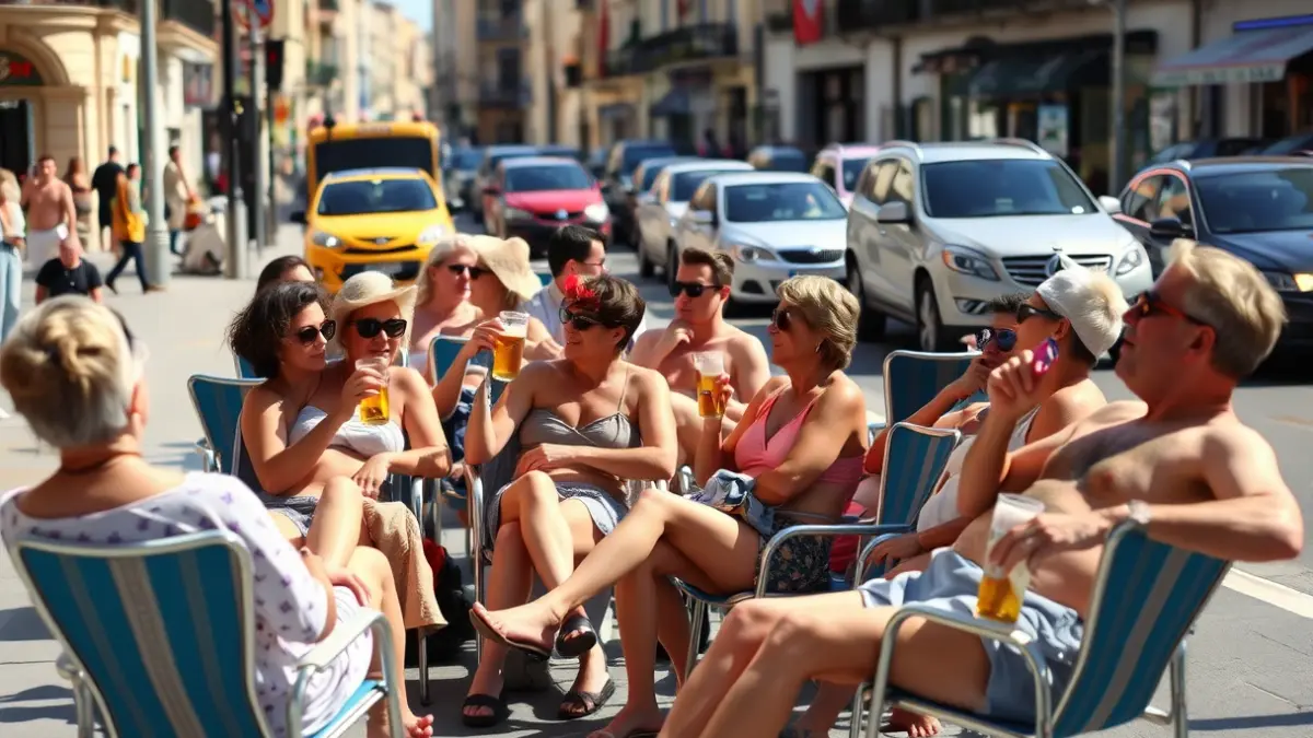 Imatge d'un grup de turistes en el barri d'Aiora, València, fent la fresca en una isleta de carrer.