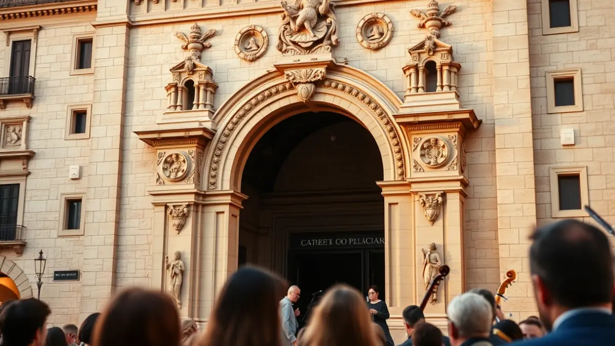 Imatge d'una façana d'edifici valencià amb llums càlides, suggerint un esdeveniment cultural.