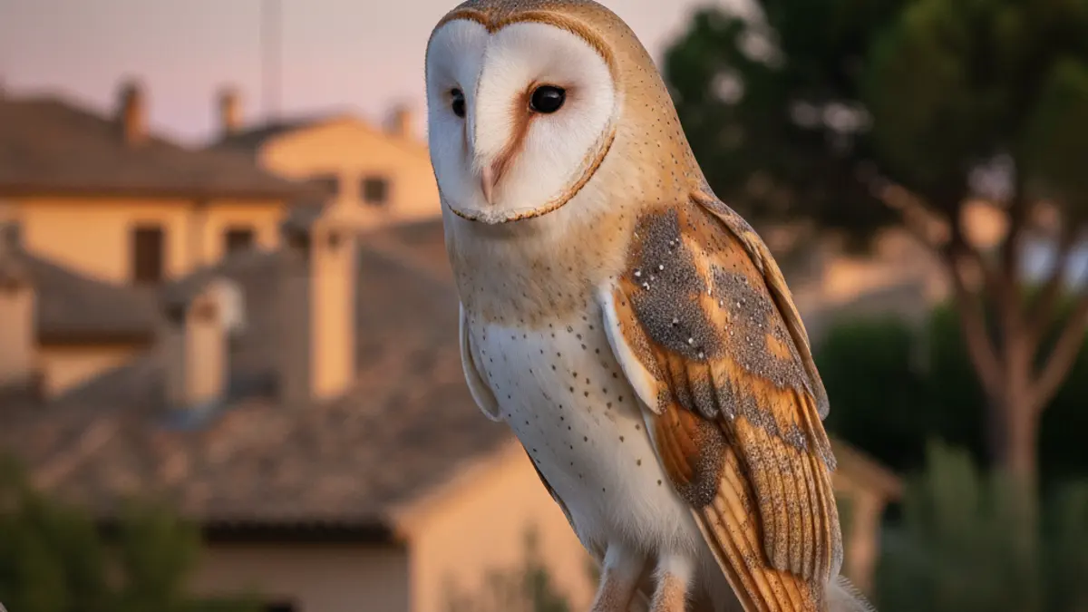 Imatge d'una òliba comuna amb la seua cara blanca en forma de cor, posada en una branca al capvespre, amb un fons borrós de teulades i arbres de zones periurbanes de València.