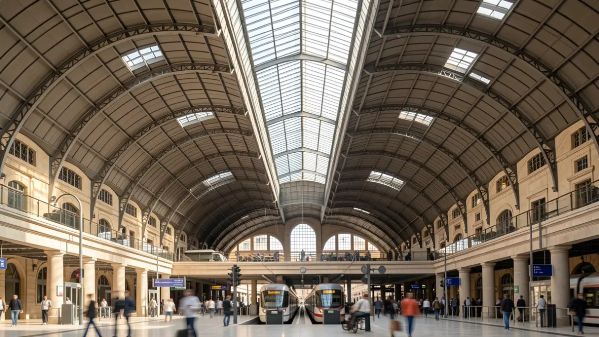 Generic image of a modern train station with a modular roof and natural light.