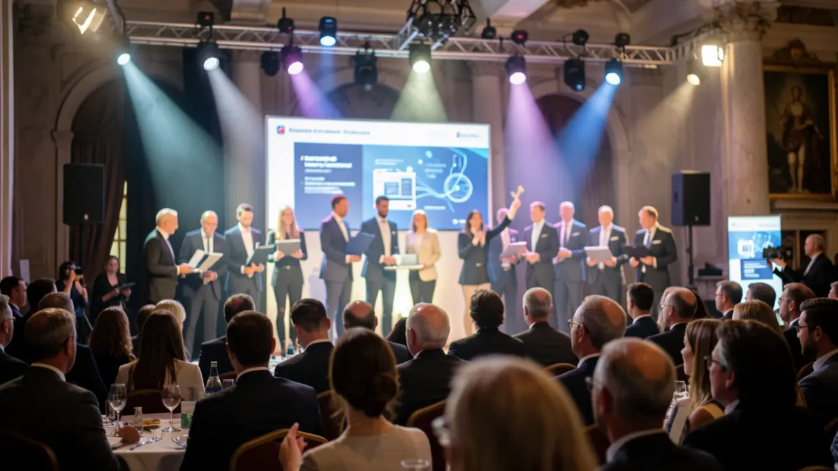 Imatge genèrica d'una gala de competició tecnològica universitària amb premiats i il·luminació d'escenari.