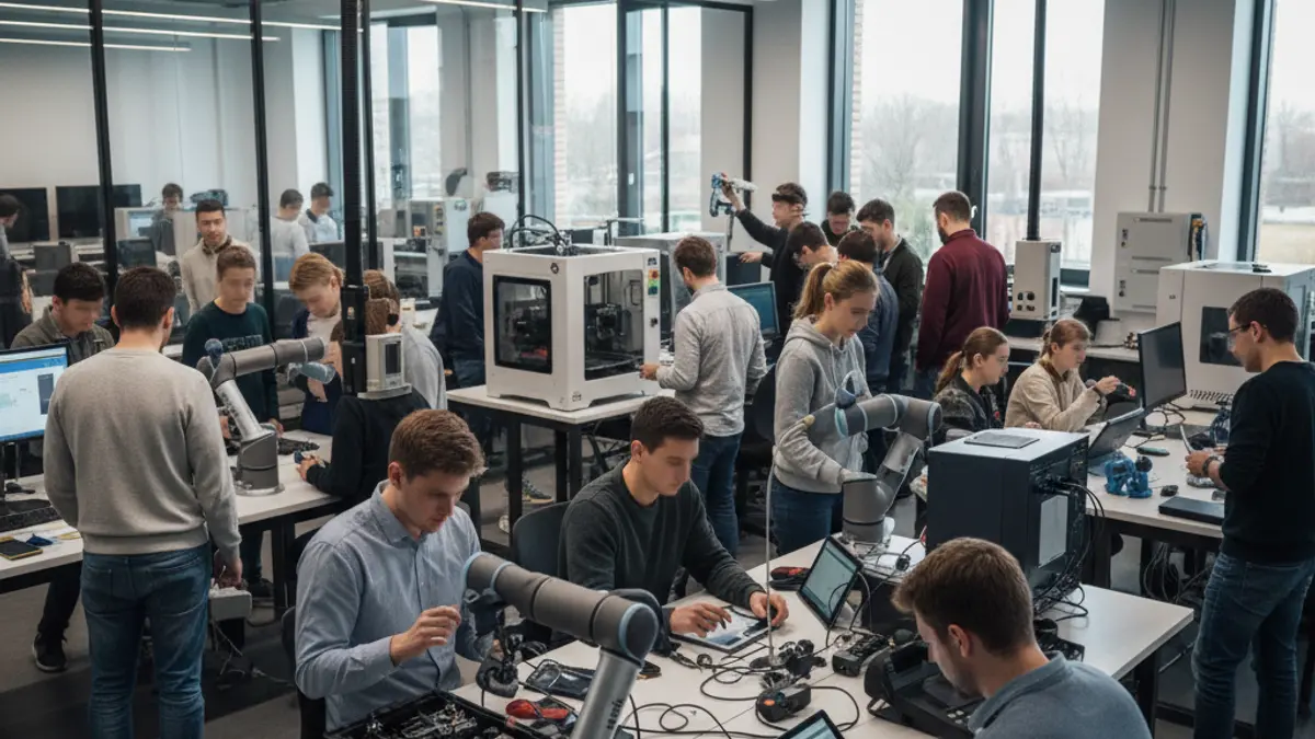 Imatge genèrica d'un aula moderna amb estudiants participant en activitats pràctiques de formació professional.