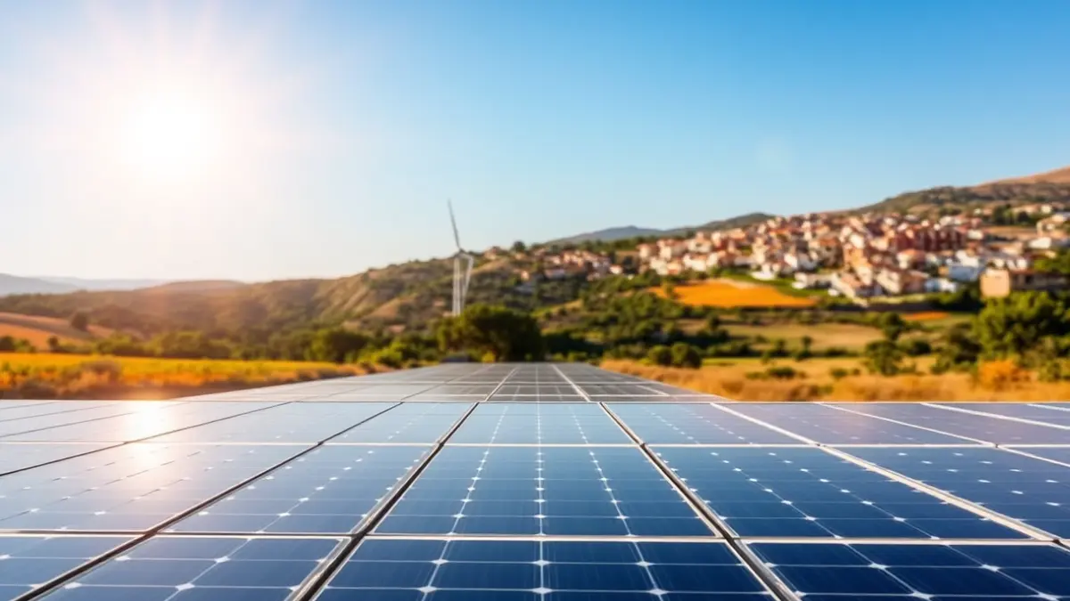 Imagen genérica de paneles solares en un paisaje rural valenciano, con un pueblo al fondo.