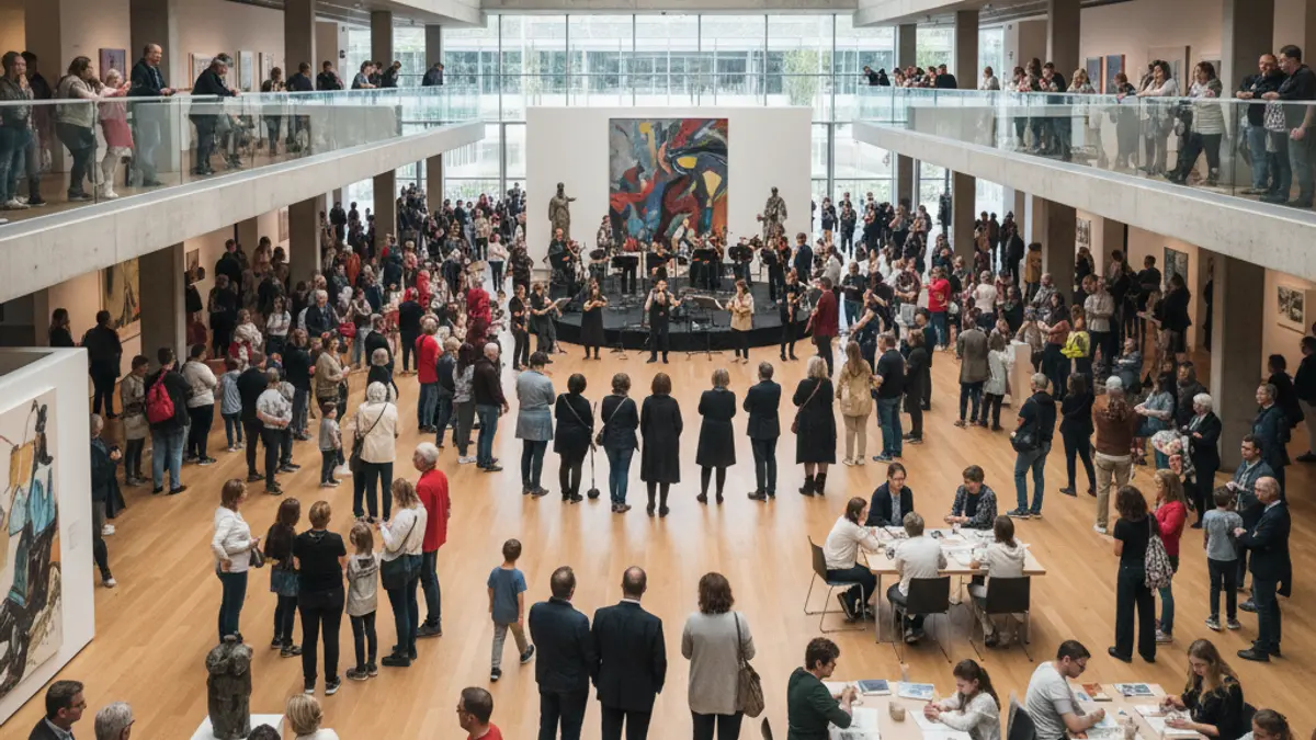 Generic image of people of all ages participating in cultural activities in a modern museum, with a lively and inclusive atmosphere.