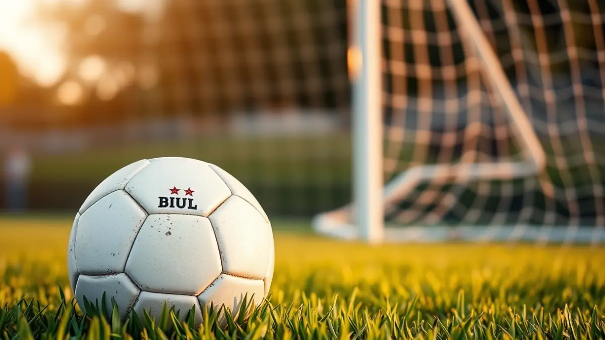 Generic image of a soccer ball on grass, with a blurred goal net in the background, representing university sports.