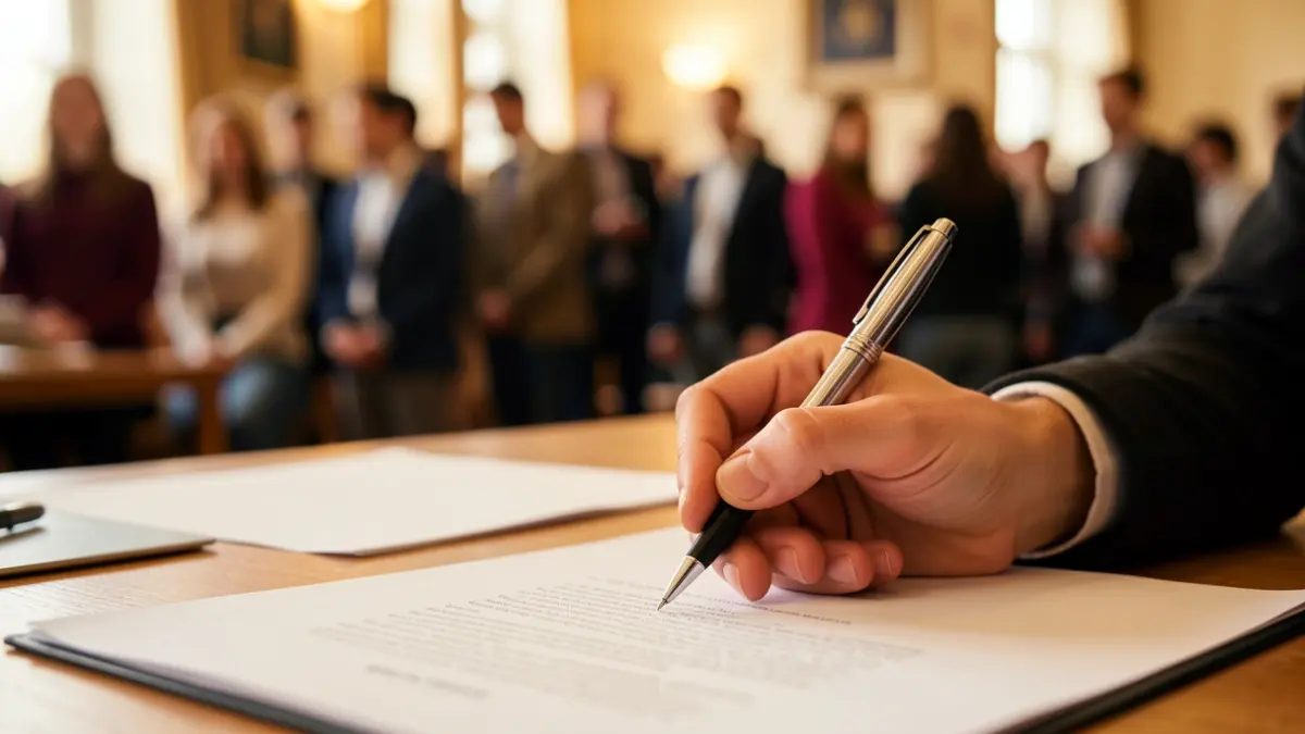 Imatge genèrica d'un estudiant a punt de signar un document acadèmic.
