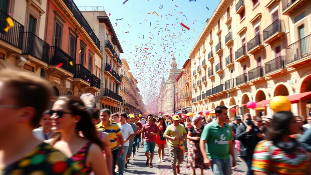 Image of a festive parade with blurred figures and confetti in the air, with Valencian architecture in the background.