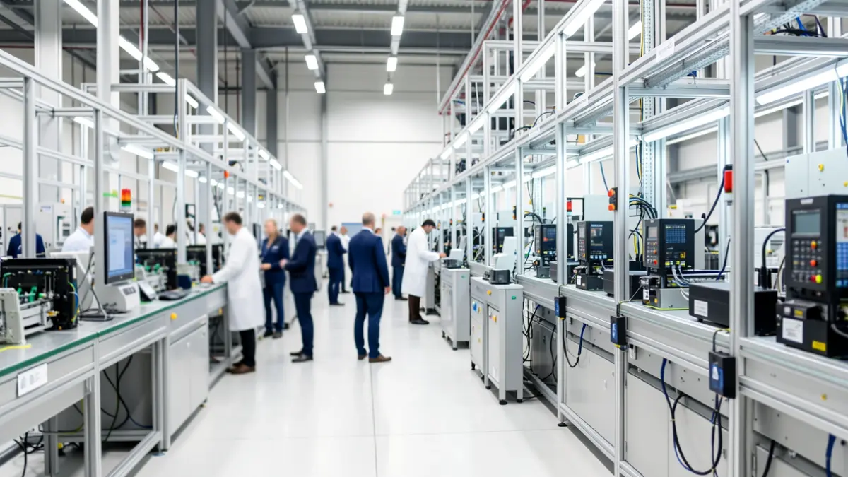 Imatge genèrica d'una planta de producció tecnològica amb línies de muntatge.