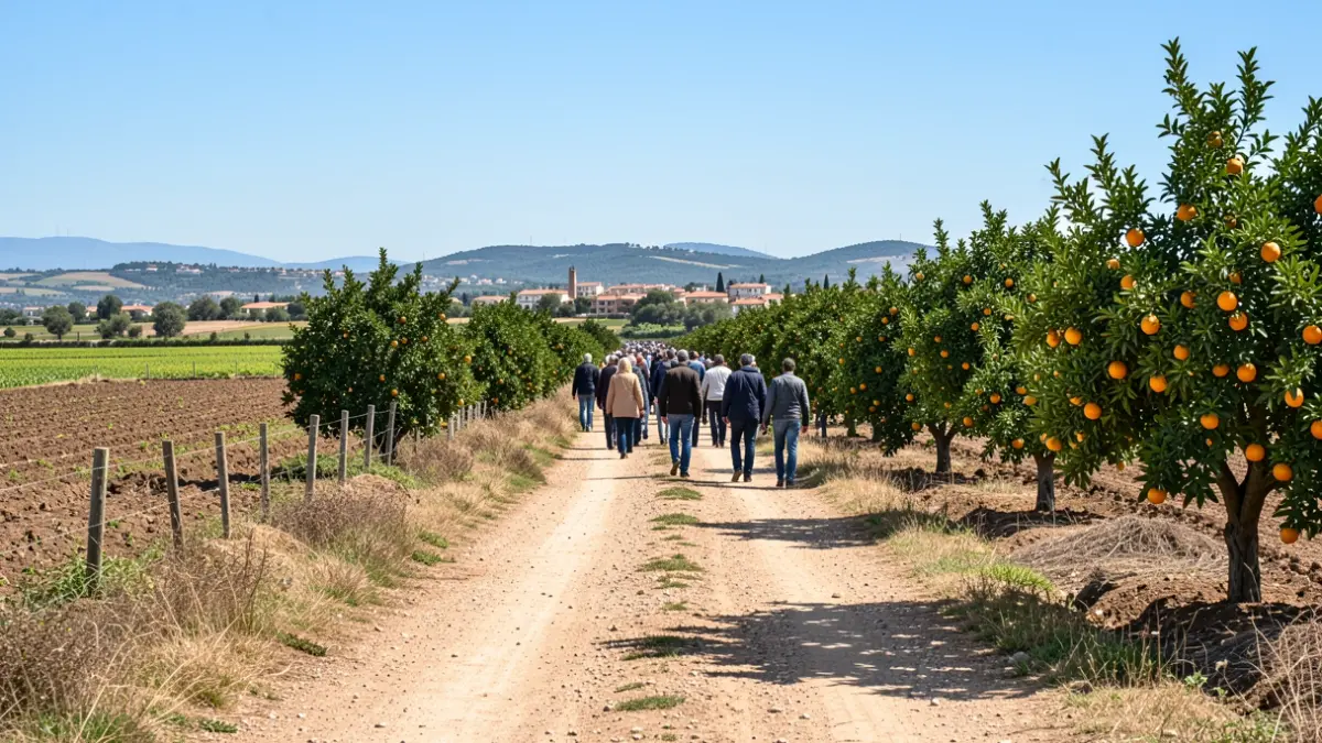 Imatge genèrica d'un camí rural valencià amb camps i tarongers.