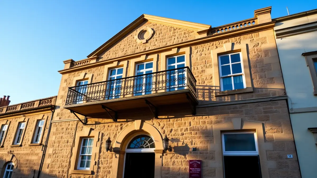 Generic image of a stone town hall facade with an ornate balcony, lit by the afternoon sun.