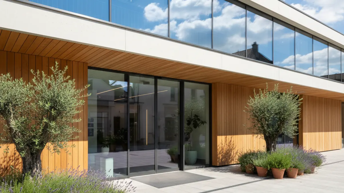 Generic image of a modern medical clinic with a clean design and large windows.