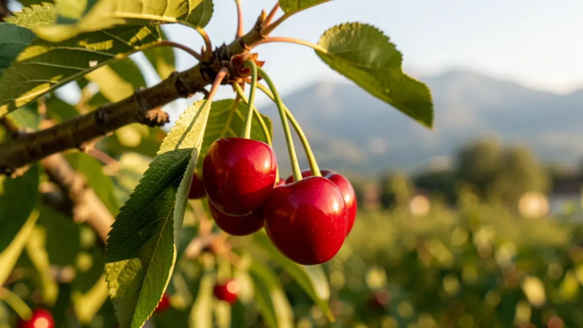 Cerezas rojas maduras en una rama con montañas al fondo.
