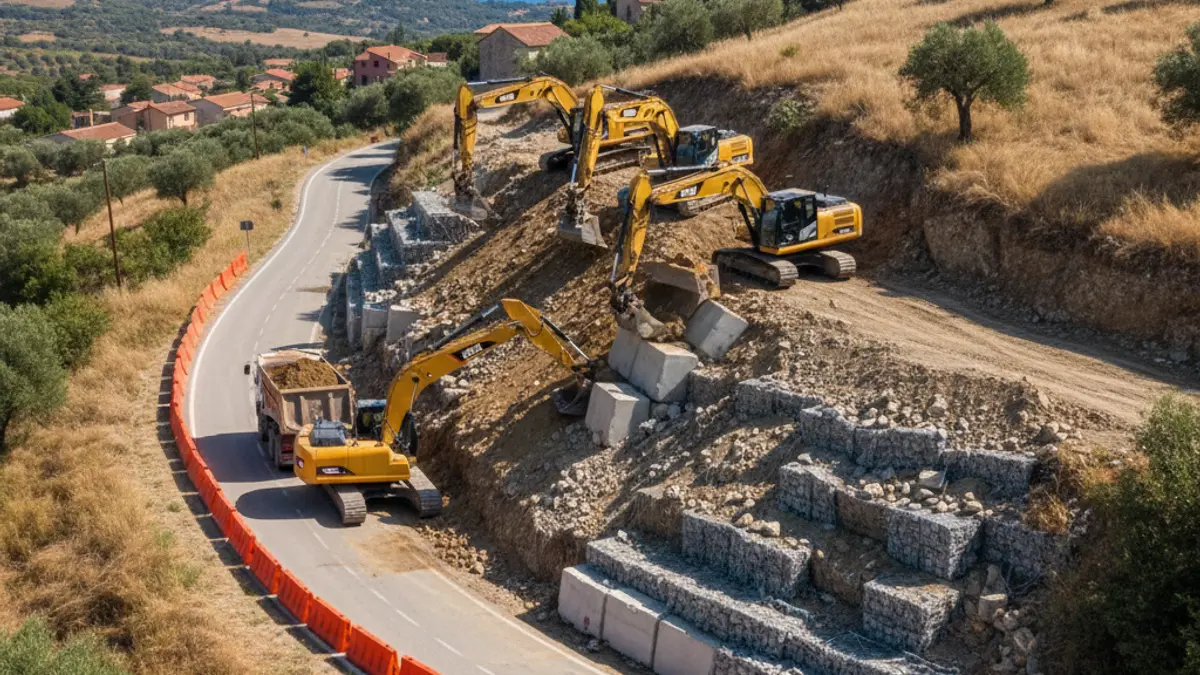 Imatge d'obres de restauració i estabilització de talussos en una carretera, amb maquinària pesada i senyalització de seguretat.
