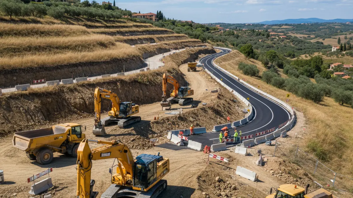 Image of restoration works on a slope next to a road, with heavy machinery and signage.
