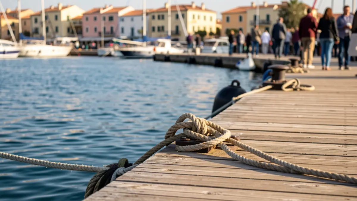 Imatge genèrica d'un port esportiu amb cordes d'amarrament i aigua tranquil·la.