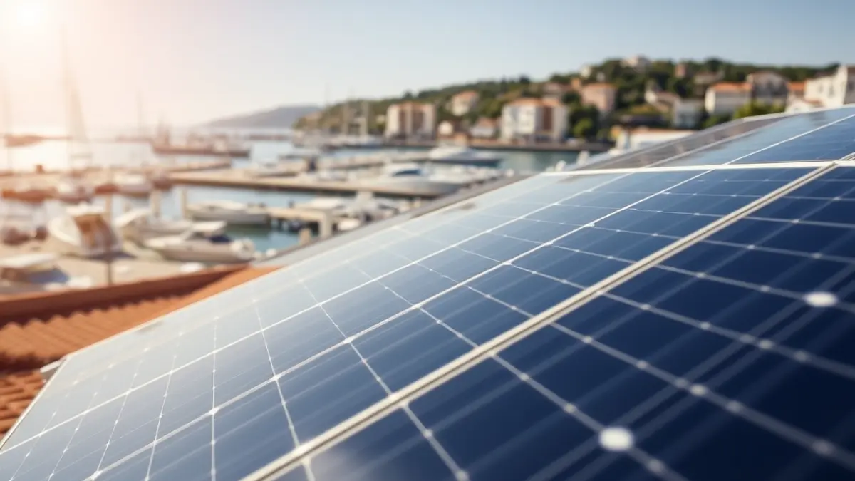 Image of solar panels installed on a rooftop, with Xàbia port in the background.