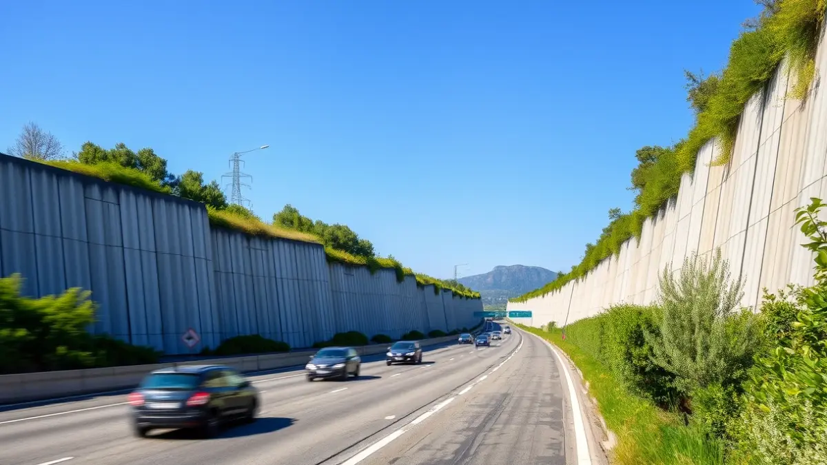 Image of a sound barrier integrated into a road environment with vegetation, reducing traffic noise.