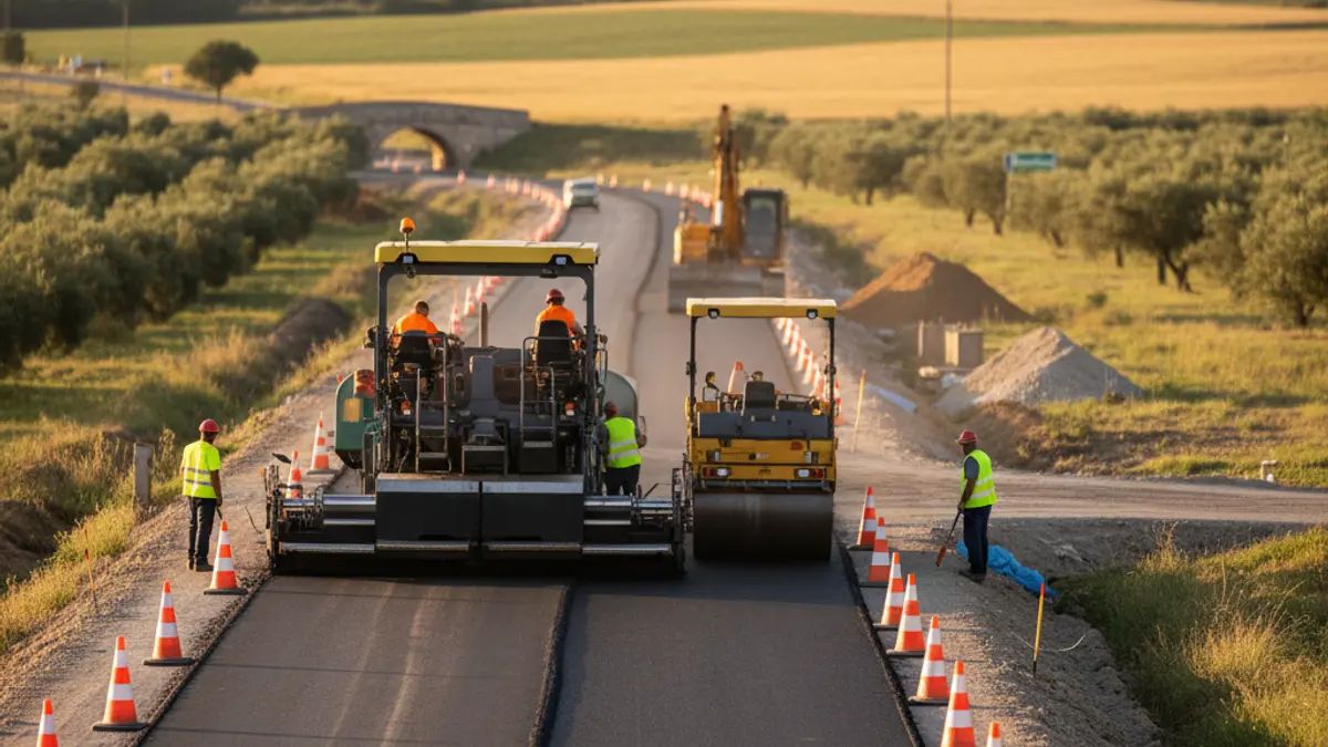 Imagen genérica de obras en una carretera con maquinaria pesada y conos de seguridad.