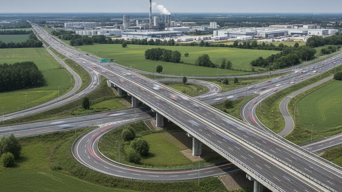 Generic image of a modern highway interchange with blurred traffic, surrounded by green fields and industrial buildings, symbolizing infrastructure development.