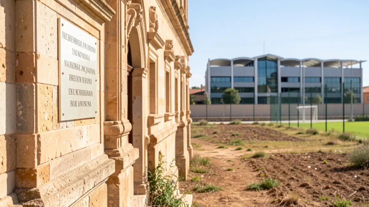 Imatge genèrica d'un edifici històric a València amb una placa commemorativa i una finca rústica propera a un complex esportiu.